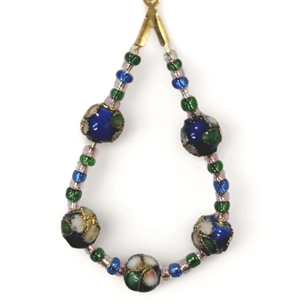 cloisonne Earrings and Necklace Set Blue Pink Green Gold